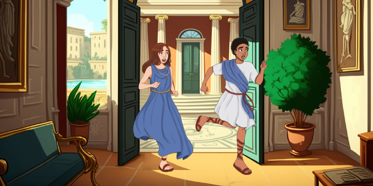 Aria & Liam running in the middle-grade book "Enigma in Rome"