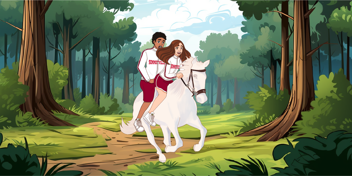 Aria & Liam riding a horse in The Druids' Secret