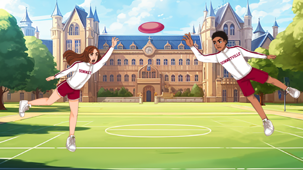 Aria & Liam playing frisbee in "The Druids' Secret"